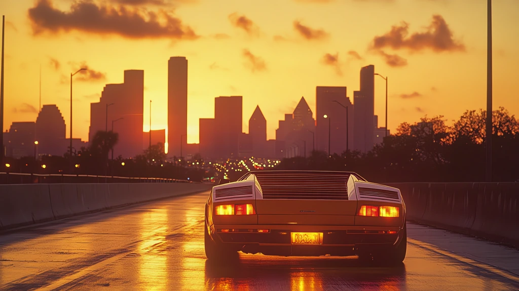 1980s orange lamborghini in texas neighbourhood illuminated texas skyline at sunset desktop wallpaper 4k