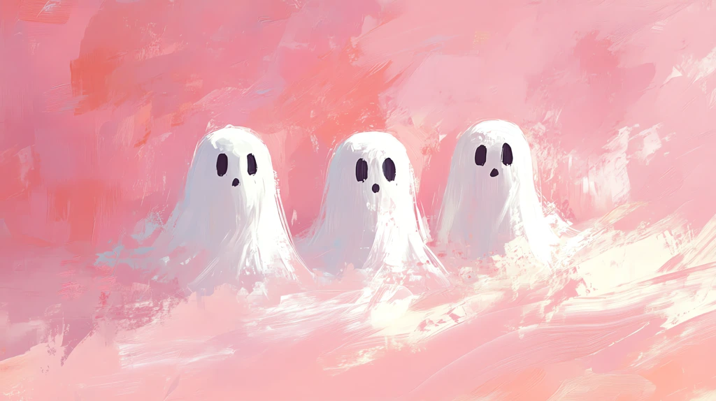 3 pastel white ghosts against a pastel pink the painting has a cute and happy mood with simple brushstrokes desktop wallpaper 4k