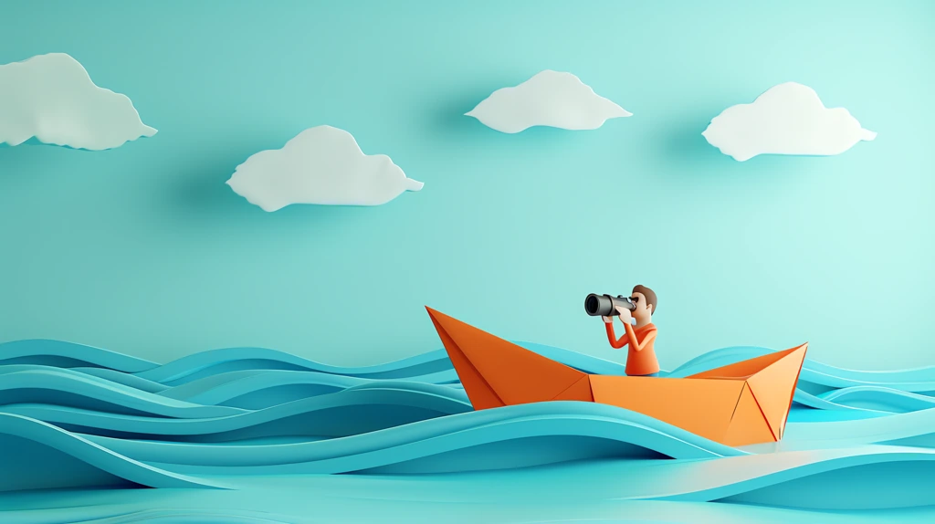 3d cartoon flat illustration of a paper boat with a man looking desktop wallpaper 4k