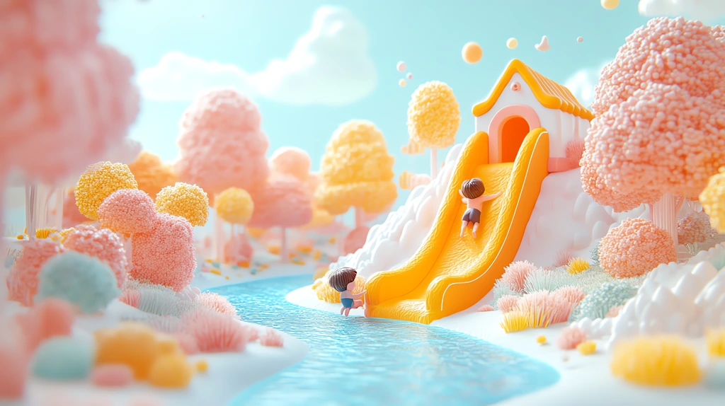 3d illustration of a cute kids playing on a bounce slide in a magical forest with pastel colors desktop wallpaper 4k