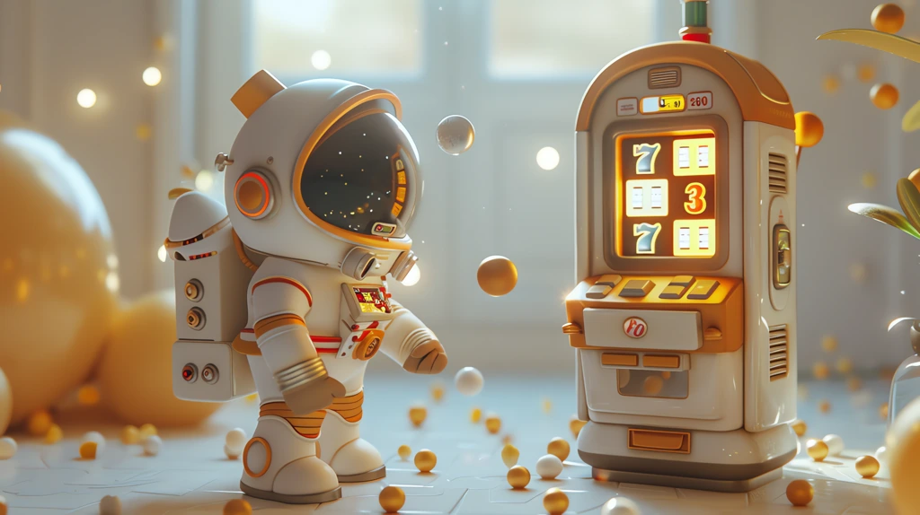 a 3d pixar goldfish astronaut stands next to a slot machine desktop wallpaper 4k