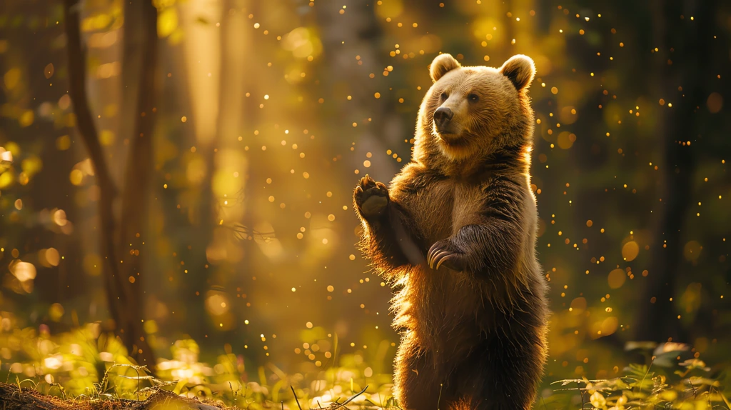 a bear standing on its hind legs its fur shimmering in the dappled sunlight desktop wallpaper 4k