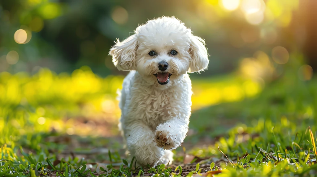 a bichon frise dog smiling and walking in a park towards desktop wallpaper 4k