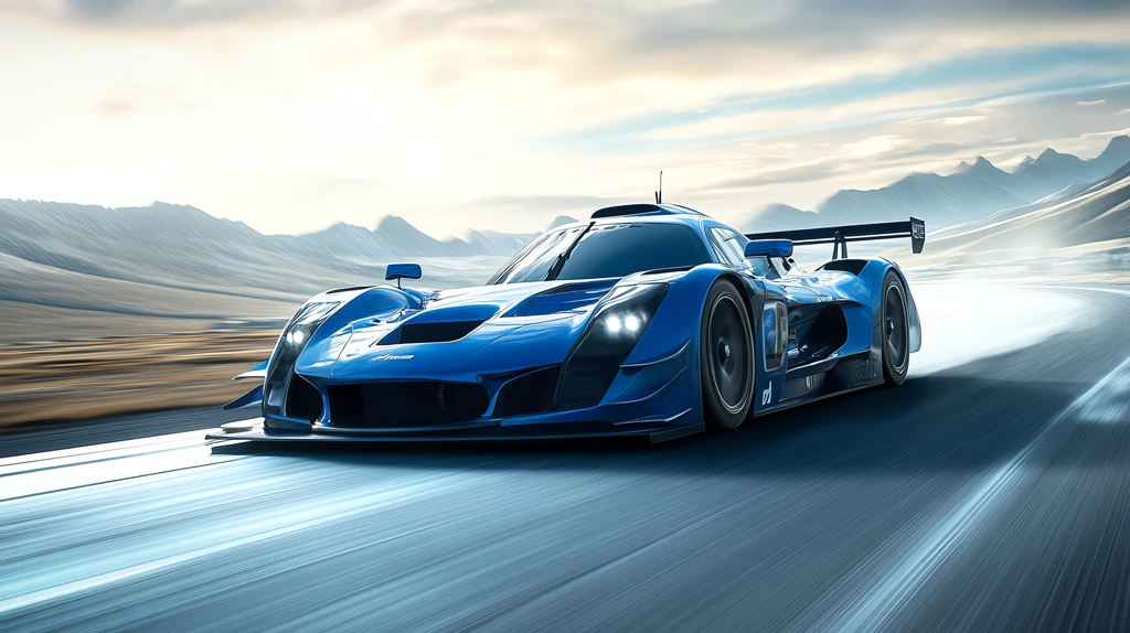 a blue racing car driving on the road ahead the car turns right turning at high speed desktop wallpaper 4k