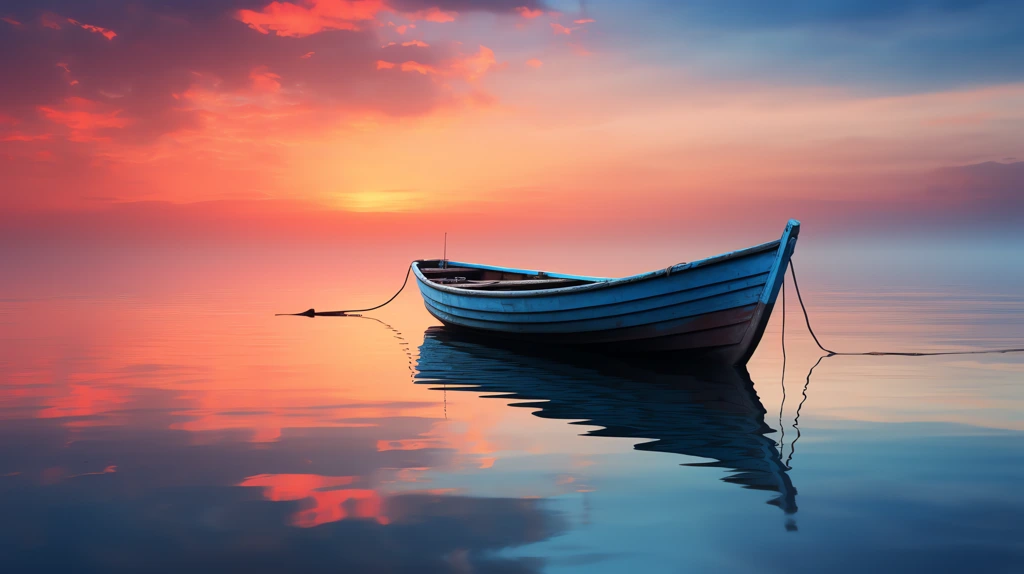 a boat at sunset in the style of dimitry roulland desktop wallpaper 4k