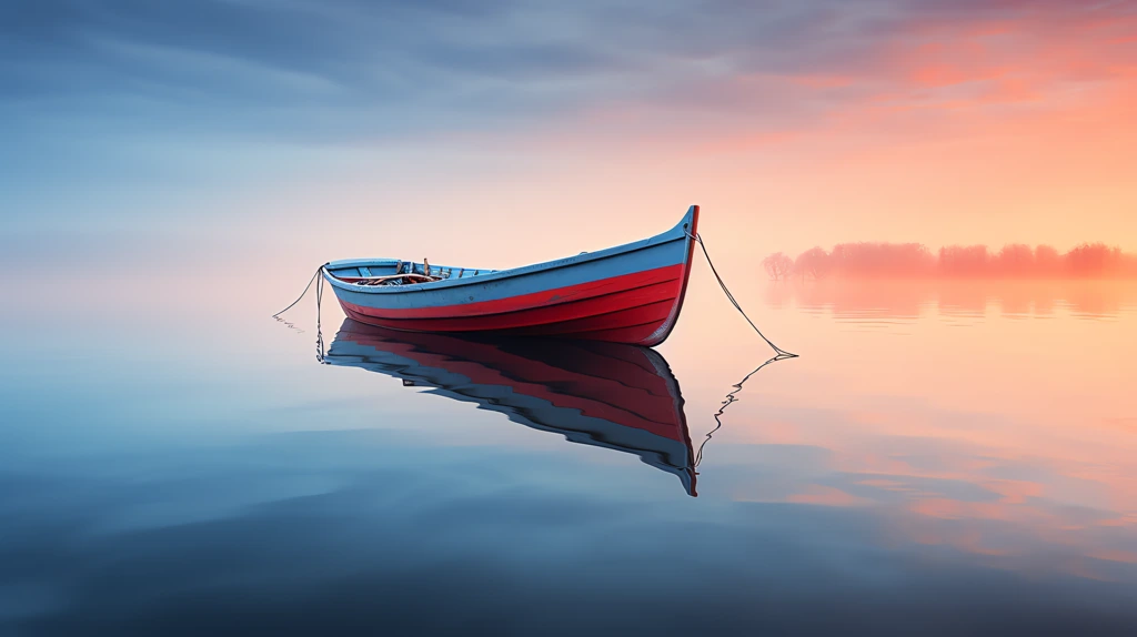 a boat sitting on the water at sunset in the style of dimitry roulland desktop wallpaper 4k