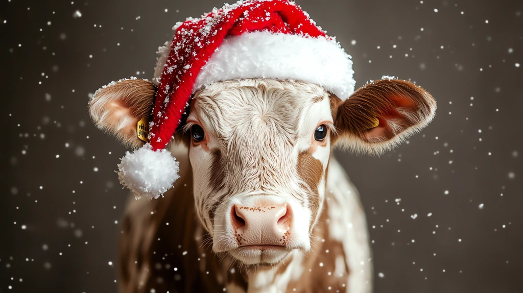 a brown and white cow wearing a santa hat version four desktop wallpaper 4k