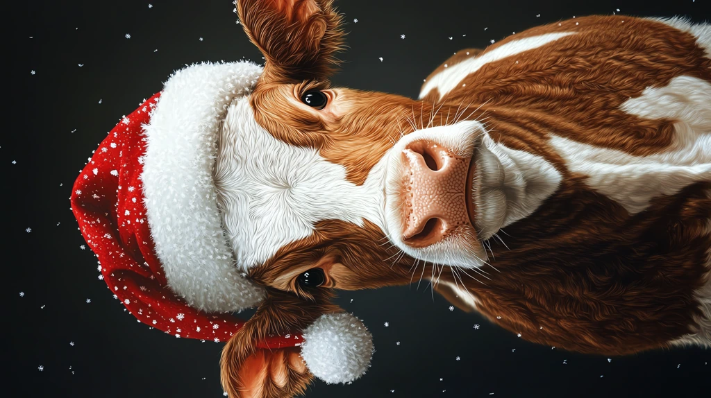 a brown and white cow wearing a santa hat version one phone wallpaper 4k