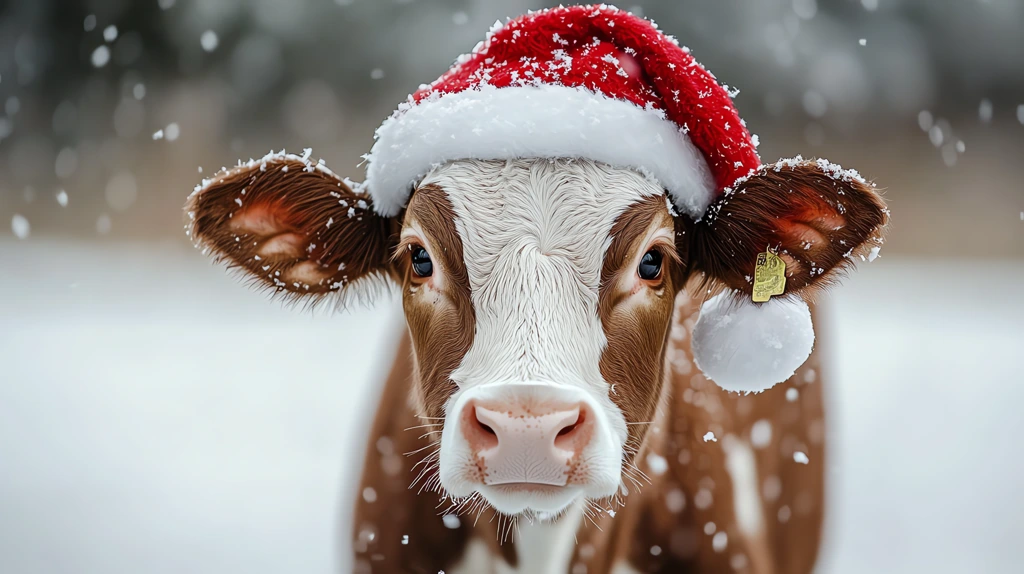 a brown and white cow wearing a santa hat version three desktop wallpaper 4k