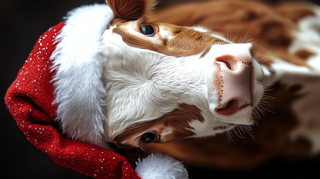 a brown and white cow wearing a santa hat version two phone wallpaper 4k