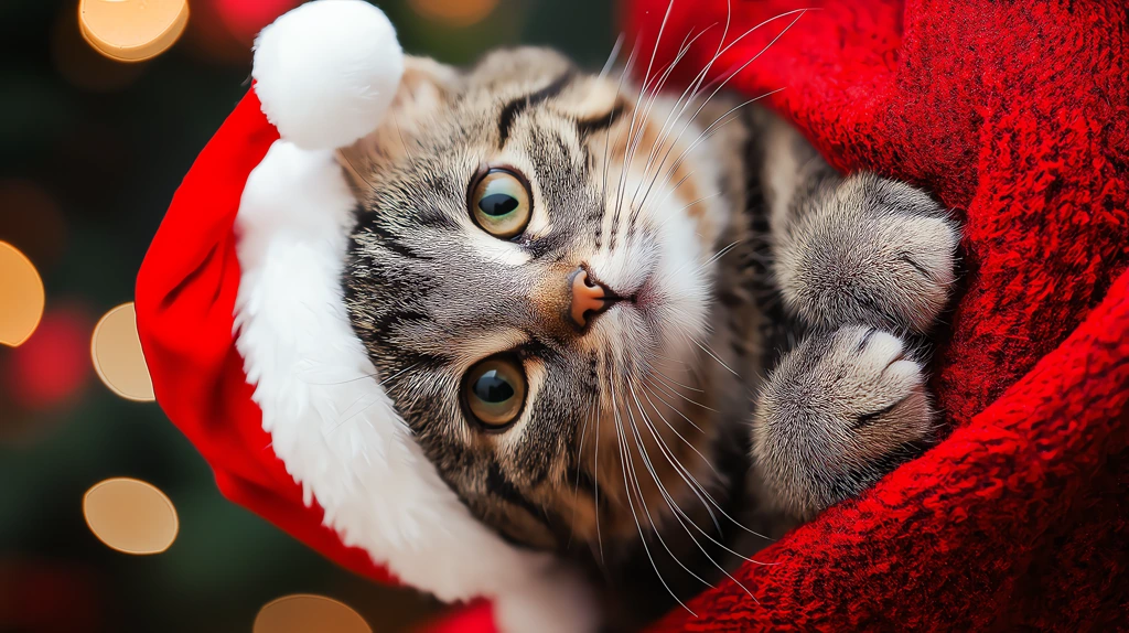 a christmas cat looking directly at the camera phone wallpaper 4k