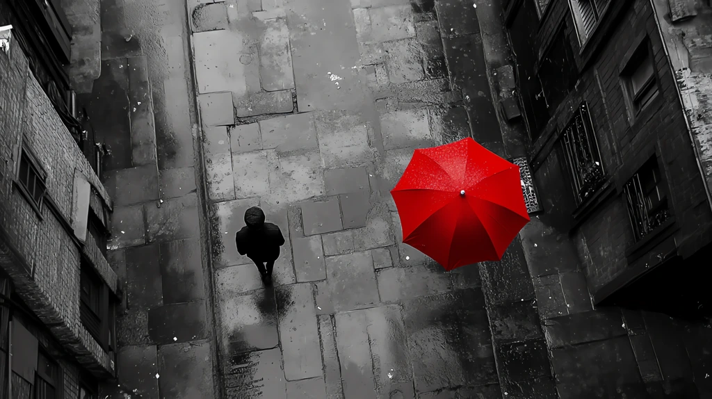 a clean black and white wet city street with houses one pedestrian with a red umbrella desktop wallpaper 4k