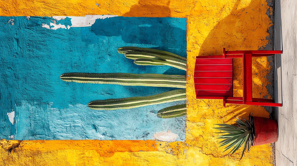 a colorful mexican wall with cacti and a red chair phone wallpaper 4k