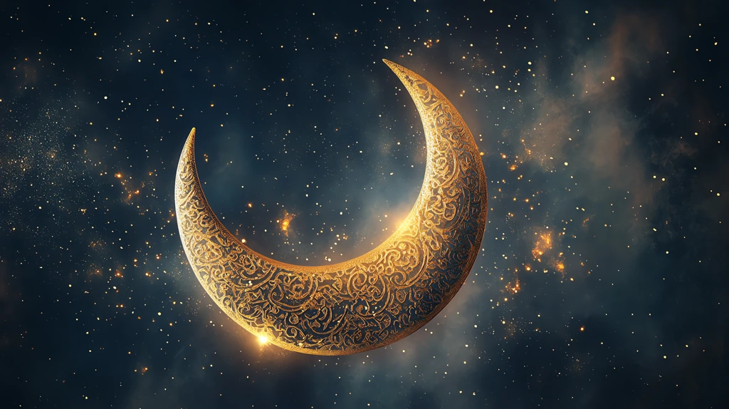 a crescent moon with golden patterns phone wallpaper 4k