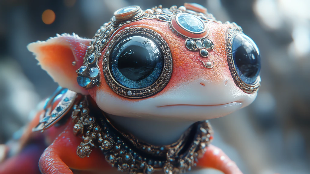 a cute baby alien lizard with large eyes wearing ornate colorful jewelry desktop wallpaper 4k