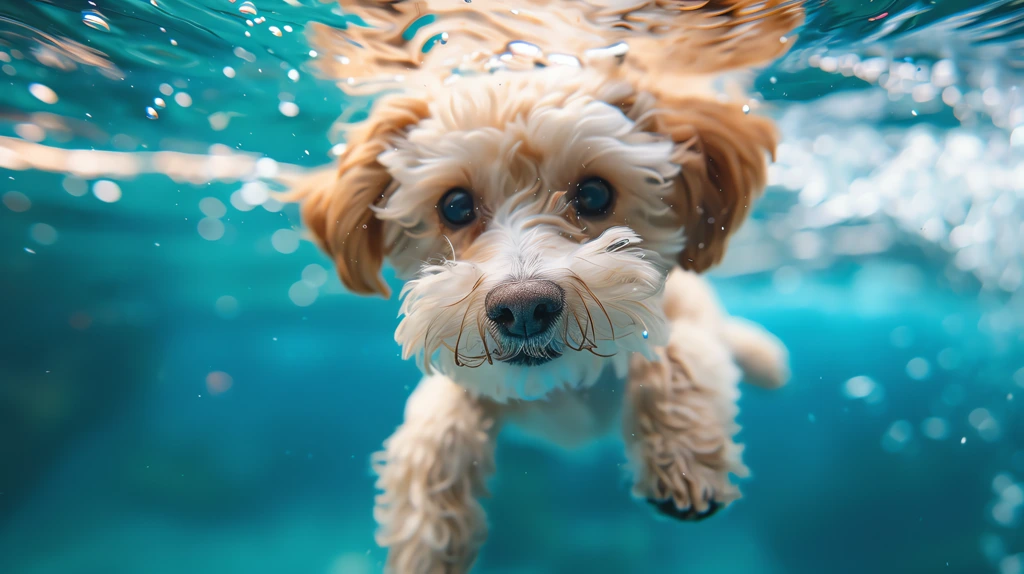 a cute light yellow cockapoo dog swimming in the water desktop wallpaper 4k