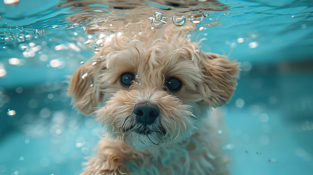 a cute light yellow cockapoo dog swimming in the water oversized ears desktop wallpaper 4k