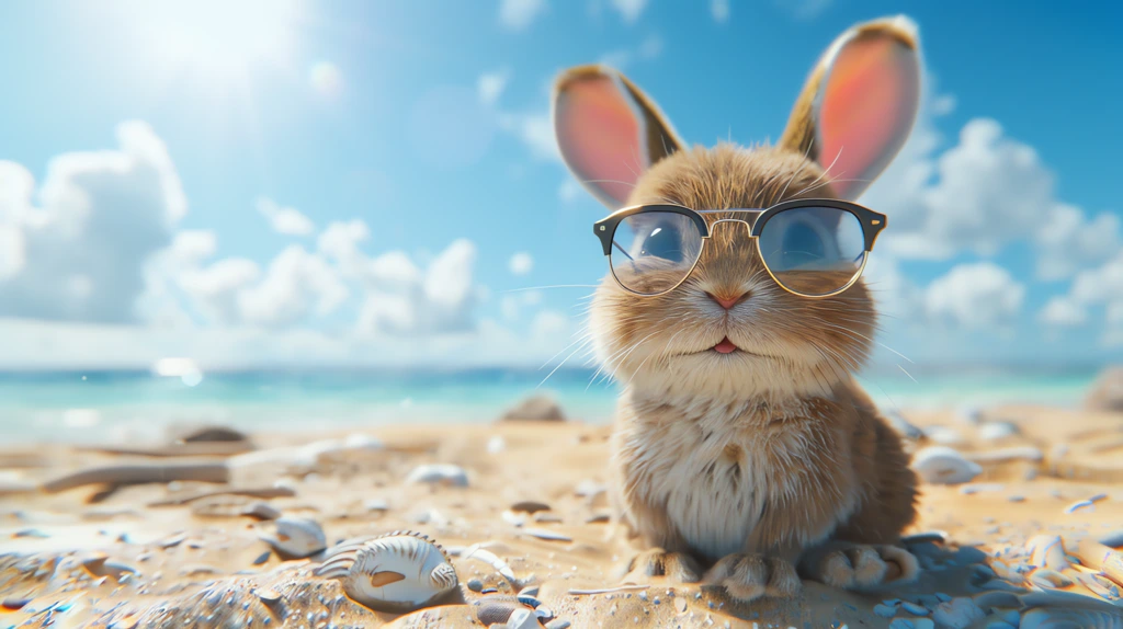 a cute rabbit wearing sunglasses by the beach desktop wallpaper 4k