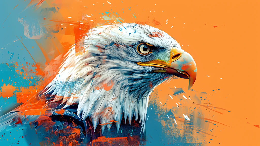 a eagle illustration with a blue and orange in the style of realistic hyper-detailed portraits desktop wallpaper 4k