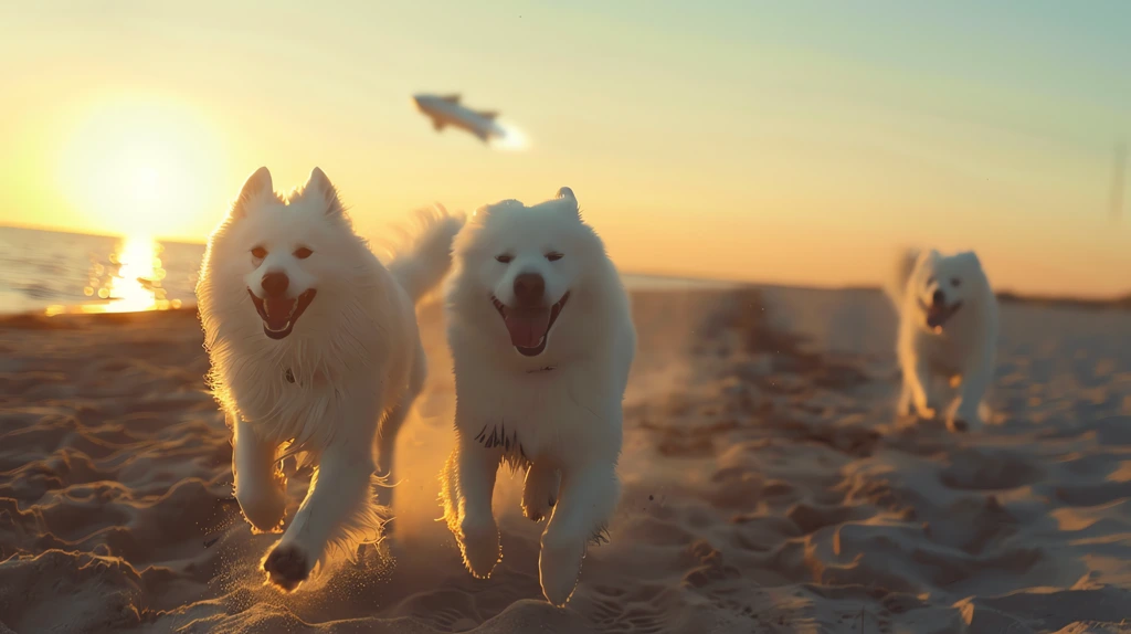 a few of nice samoyeds running as fast desktop wallpaper 4k