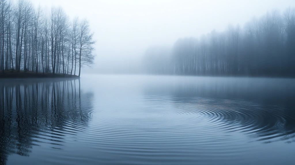 a fog-covered lake where the ripples form patterns that resemble faces desktop wallpaper 4k