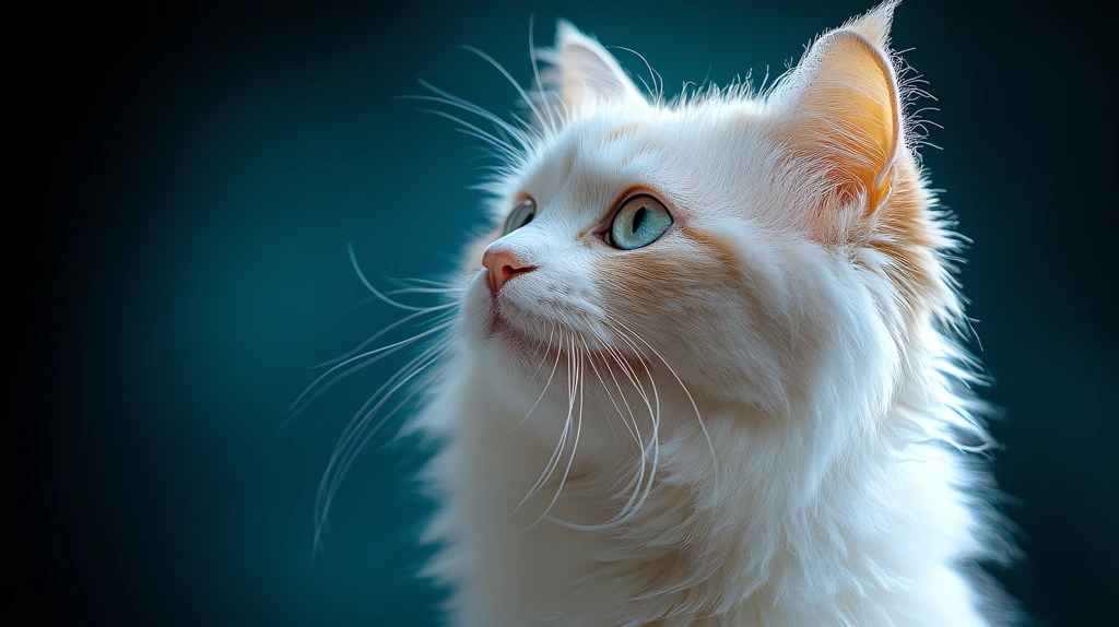 a fuji photo of a beautiful white cat with blue color desktop wallpaper 4k