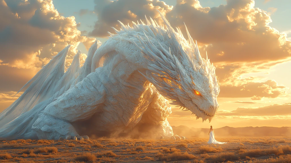 a giant white dragon at the golden version four desktop wallpaper 4k