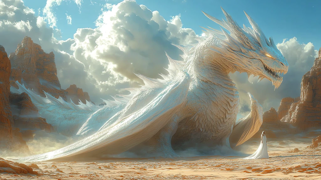 a giant white dragon at the golden version three desktop wallpaper 4k