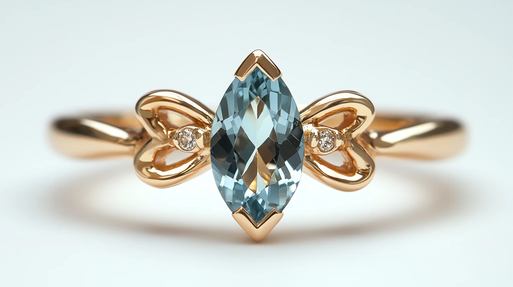 a gold dainty ring featuring a single marquise-cut aquamarine gemstone set at the center desktop wallpaper 4k