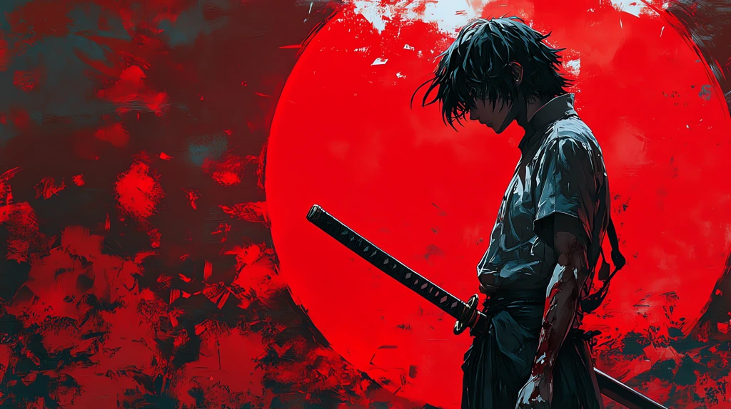 a guy holding a sword and standing in position with red circle desktop wallpaper 4k