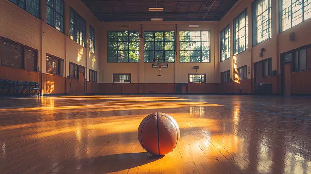 a high school gymnasium the basketball court empty a single ball rolling slowly desktop wallpaper 4k