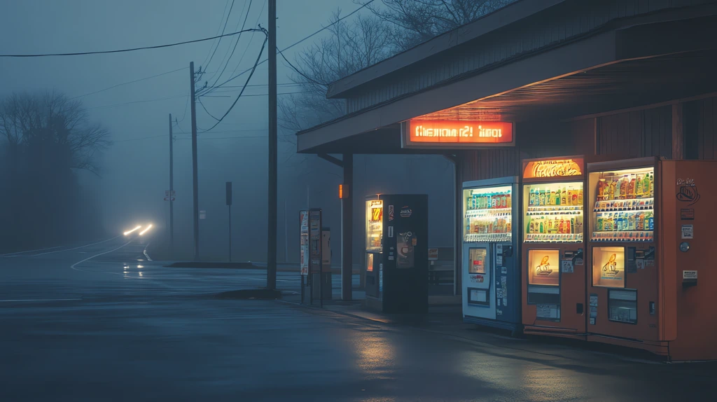 a highway rest area vending machines glowing softly desktop wallpaper 4k