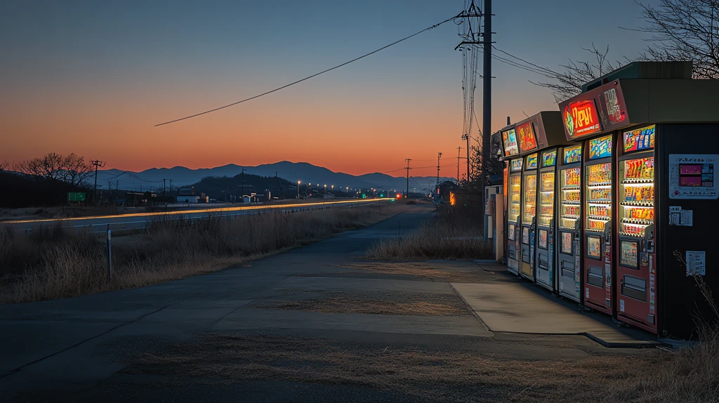 a highway rest area vending machines glowing softly the road beyond silent desktop wallpaper 4k