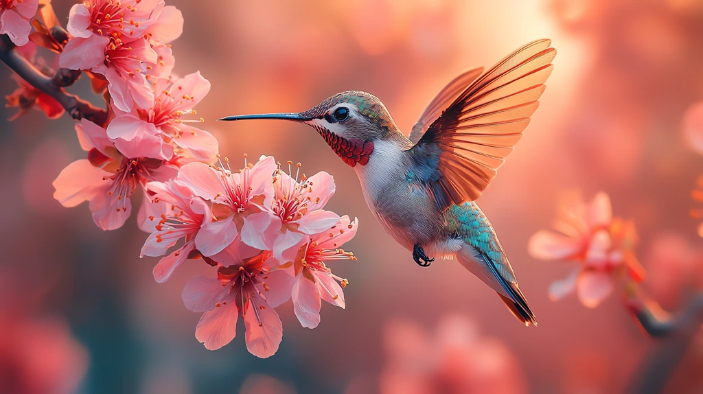 a hummingbird pollinating a flower vivid color in nature desktop wallpaper 4k