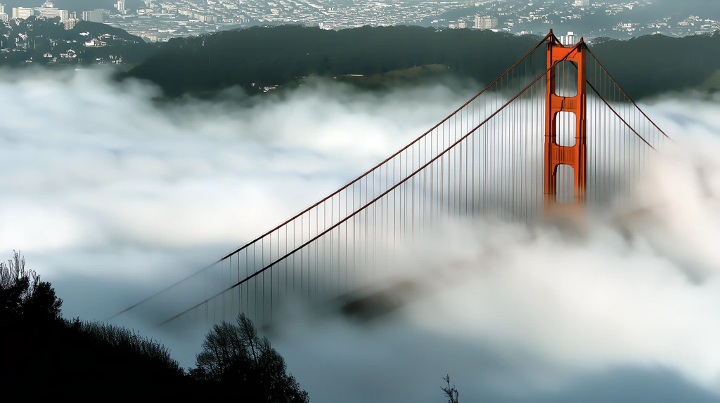 a large suspension bridge partially obscured by fog desktop wallpaper 4k