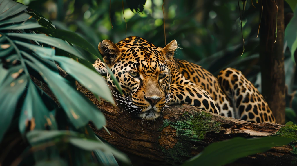 a leopard in the jungle lying on a tree trunk desktop wallpaper 4k