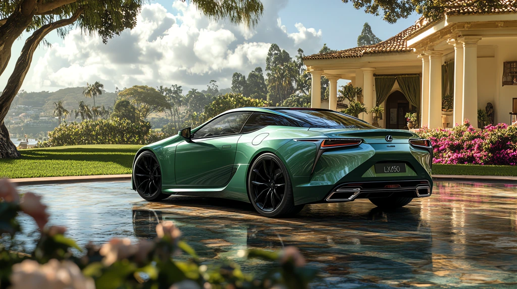 a lexus lc500h sport in jade color, with black wheels parked in the yard of a villa desktop wallpaper 4k