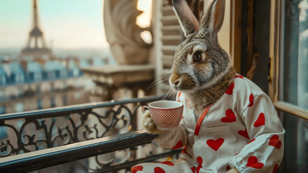 a light grey rabbit drinks coffee on the terrace desktop wallpaper 4k