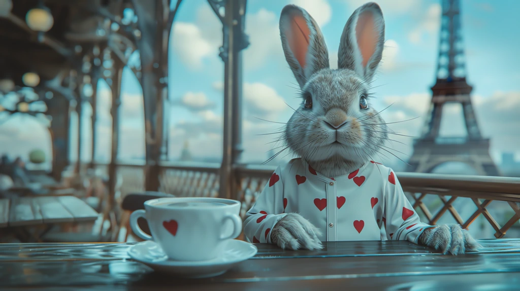 a light grey rabbit drinks coffee on the terrace white pajamas desktop wallpaper 4k