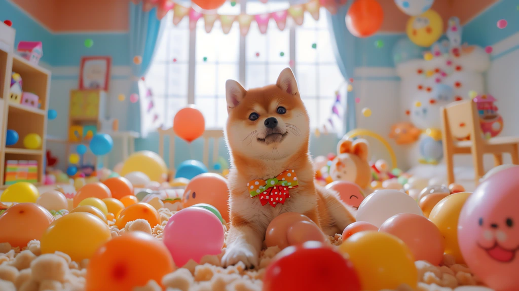a little shiba inu among a pile of colored balloons desktop wallpaper 4k