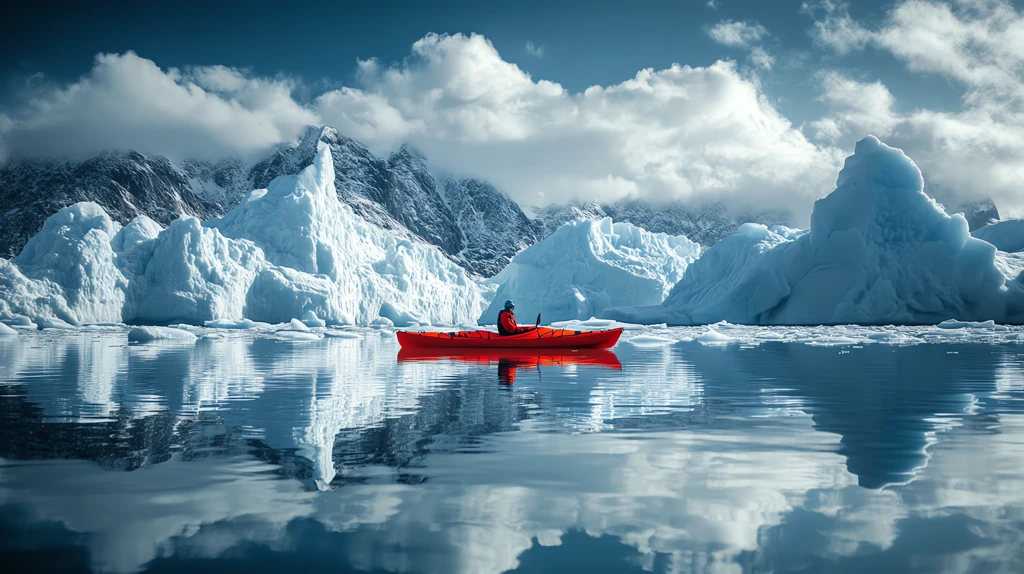 a lone kayaker amidst the icebergs of greenland icy waters desktop wallpaper 4k