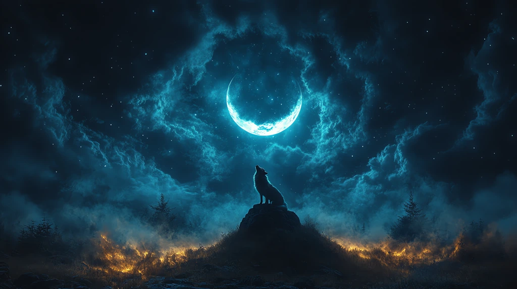 a lone wolf standing on a rock howling at a crescent moon desktop wallpaper 4k