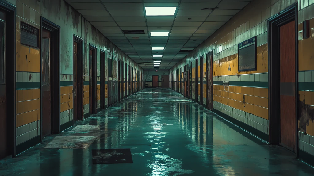 a long abandoned hallway of a school with flickering fluorescent desktop wallpaper 4k