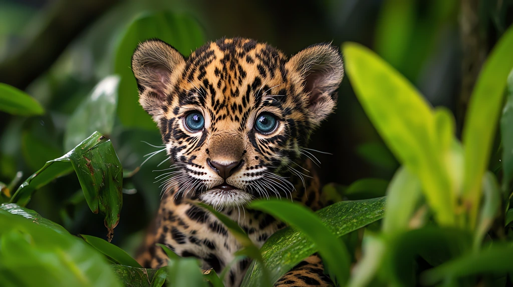 a macro lens capturing a small jaguar cub with crystal blue eyes desktop wallpaper 4k