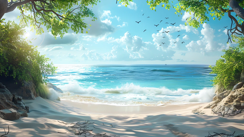 a magical beach in the foreground ocean in the background desktop wallpaper 4k