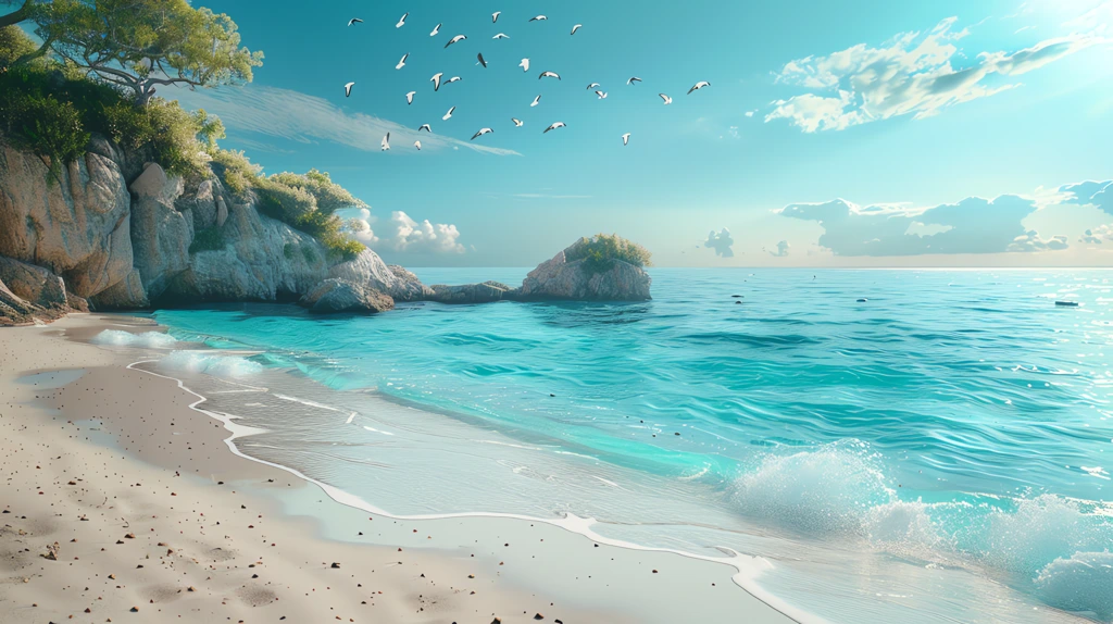a magical beach in the foreground ocean in the background hyper realistic desktop wallpaper 4k