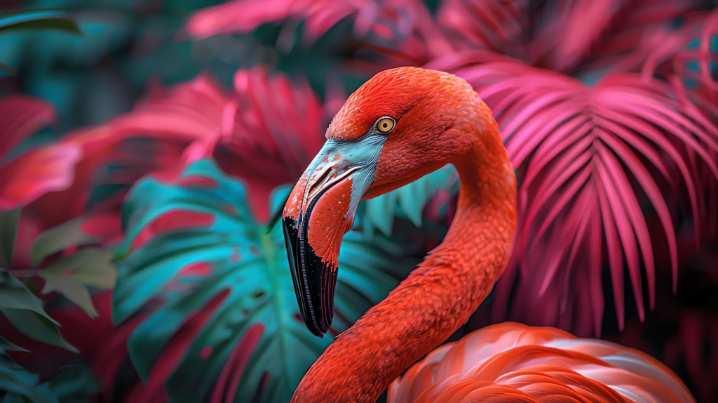 a majestic flamingo lush tropical vegetation in vibrant colors inspired by pop art styl desktop wallpaper 4k