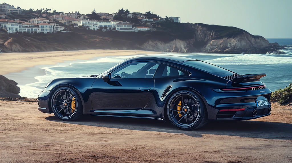 a modern 2024 dark blue porsche 911 traveling beach of italy desktop wallpaper 4k