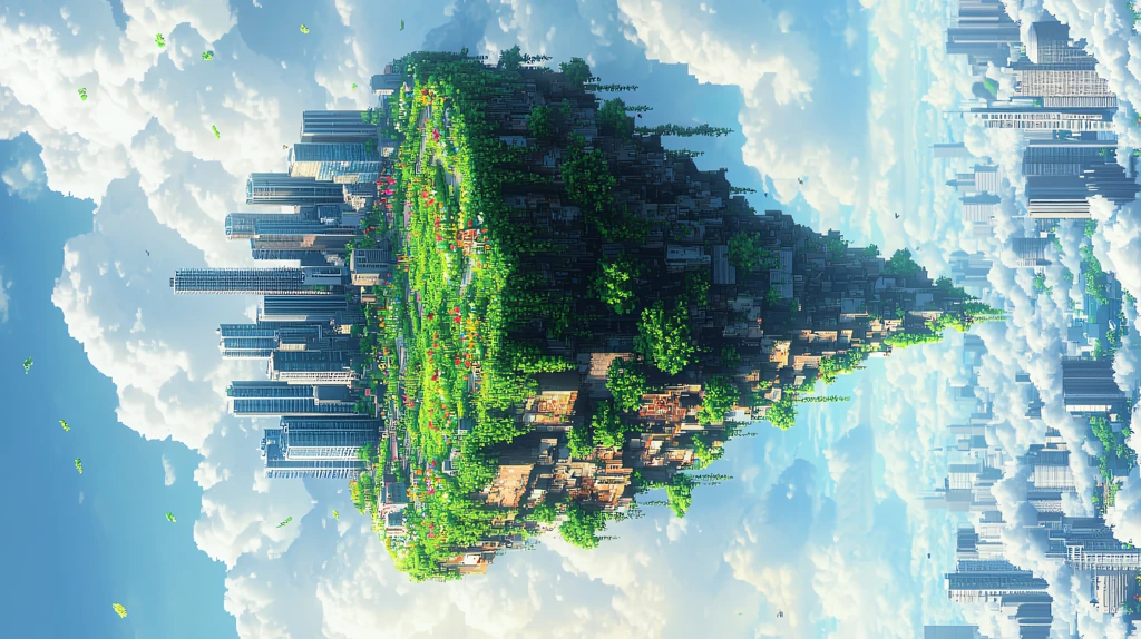 a modern pixel art floating island close-up with green grass phone wallpaper 4k