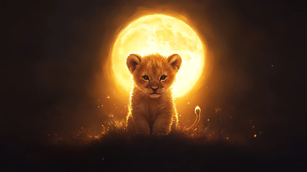 a picture of a baby lion cub a glowing full moon dark golden tones desktop wallpaper 4k